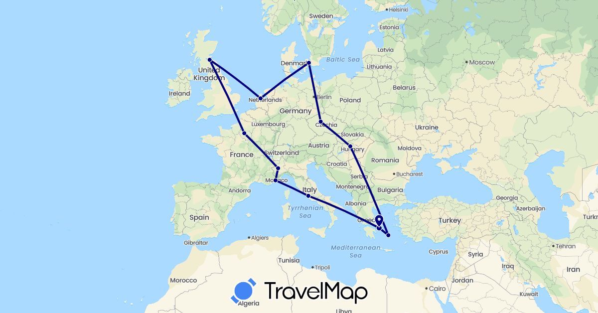 TravelMap itinerary: driving in Czech Republic, Denmark, France, United Kingdom, Greece, Hungary, Italy, Netherlands (Europe)